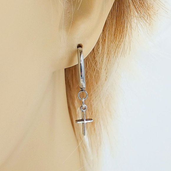 Cross Sterling Silver, Stainless 16mm Huggie Earrings Christian, Religious Pair - Picture 3 of 7